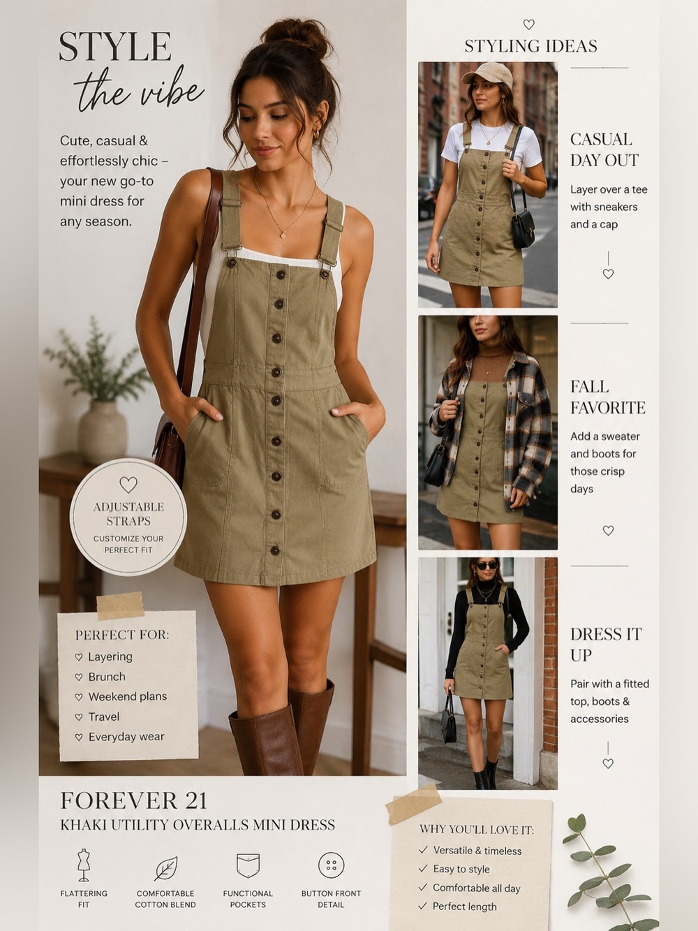 Forever 21 Khaki Utility Overalls Mini Dress Button Front Adjustable Strap M